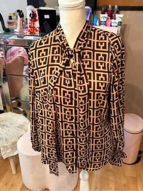 New York & Company Brown & Black Geometric Print Long Sleeve Tie Neck Blouse M